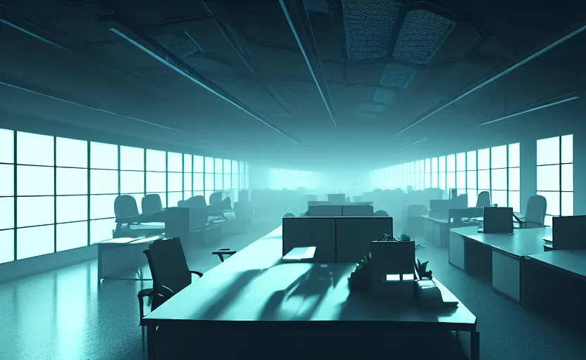 Image similar to office, horror scene, fluorescent lighting, eerie volumetric lighting, futuristic atmosphere, intricate, detailed, photorealistic imagery, artstation