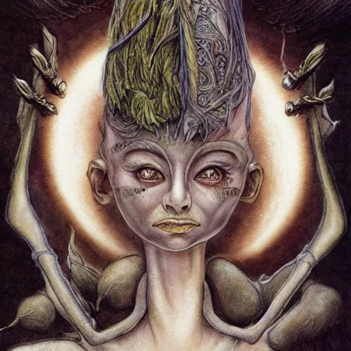 Image similar to detailed illustration of attractive humanoid alien species with beautiful human female face, female human torso, dark fae, black feathers instead of hair, feathers growing out of skin, wings growing out of arms, transformation, floating in zero gravity on starship, brian froud, tim burton, guillermo del toro, science fiction