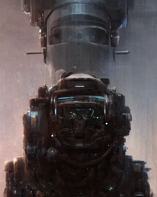 Prompt: a bear half covered face with cybernetic enhancements as seen from a distance, scifi character portrait by greg rutkowski, esuthio, craig mullins, 1 / 4 headshot, cinematic lighting, dystopian scifi gear, gloomy, profile picture, mechanical, half robot, implants, solarpunk