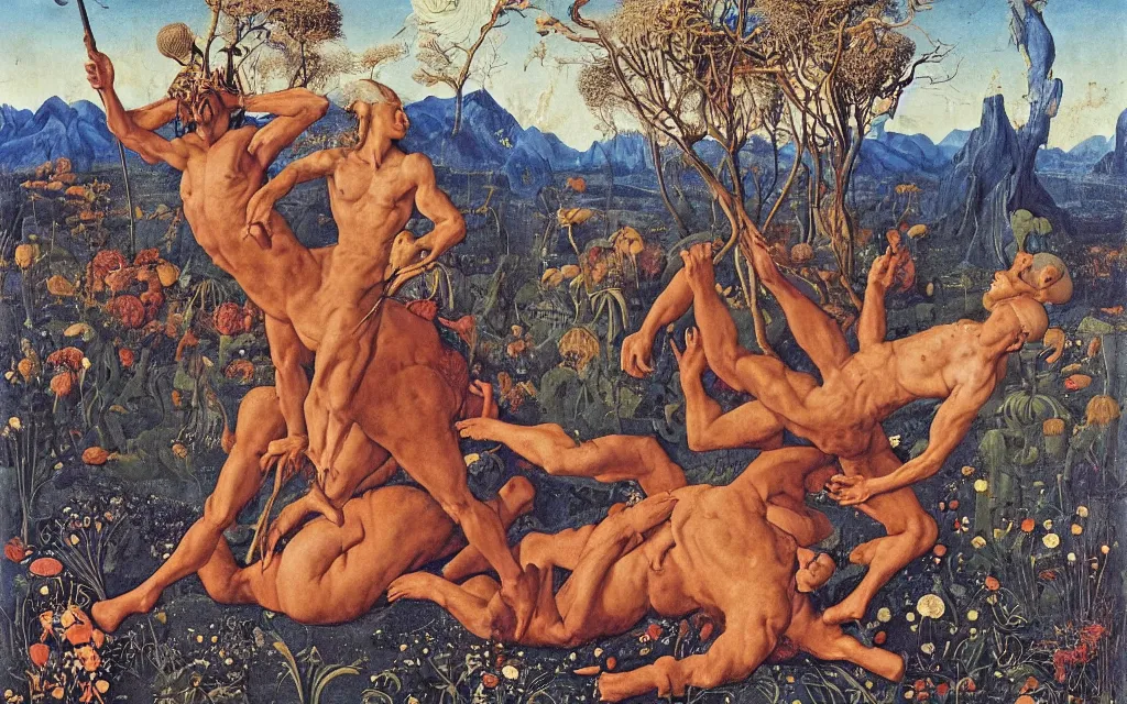 Image similar to a portrait photograph of a meditating satyr and a centaur monk riding a rocket machine and hunting at a river delta. surrounded by bulbous flowers and trees. mountain range under a blue sky of fiery stars. by jan van eyck, max ernst, ernst haeckel, ernst fuchs and artgerm, cgsociety, fashion editorial, 8 k