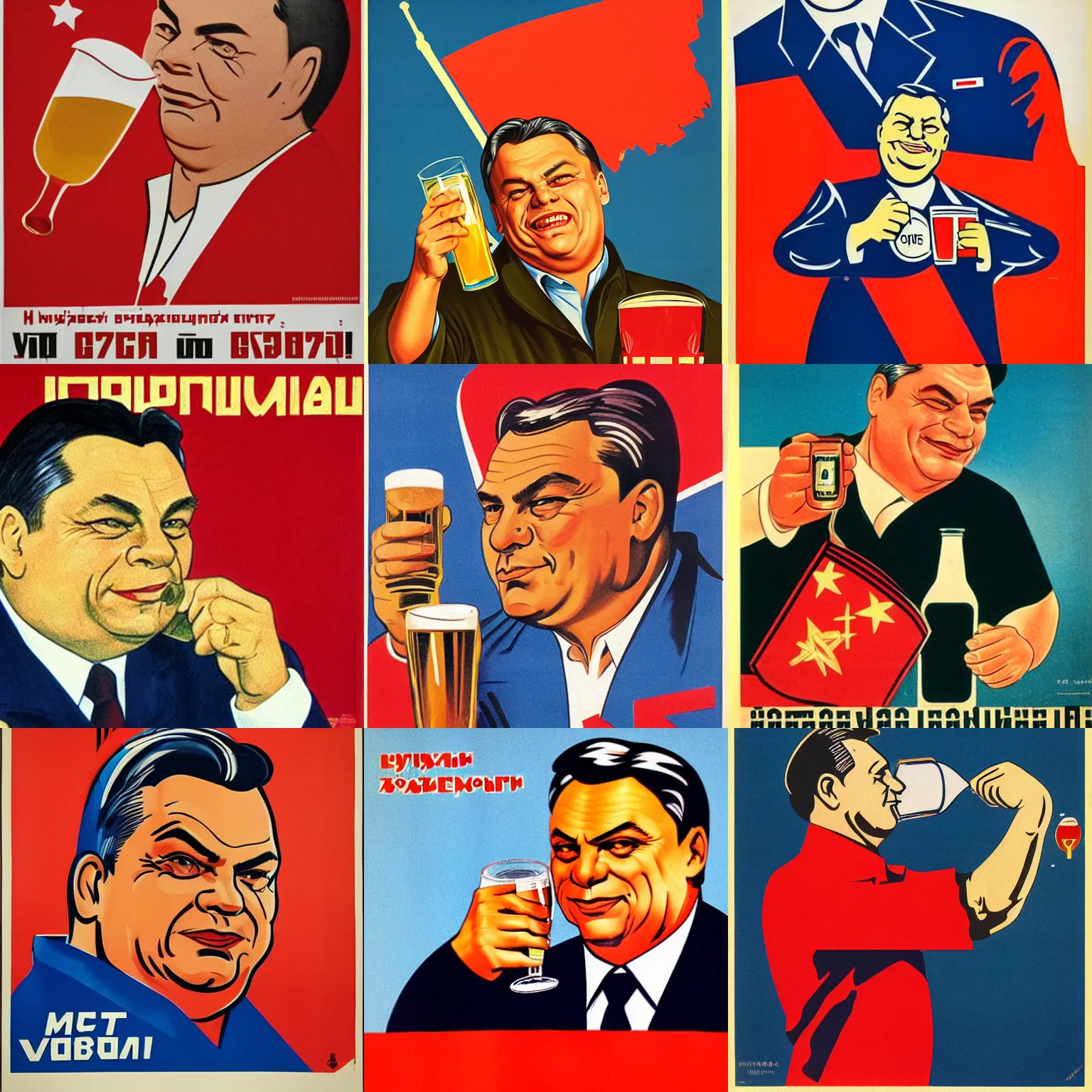 Prompt: soviet propaganda poster of communist viktor orban winking with beer