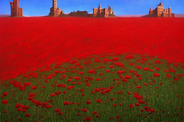 Image similar to only with red, red flowers of different types, a castle in the background, red orcs and trolls dance over the flowers, in the style of beksinski, part by hopper, part by rodcenko, part by hofbauer, intricate composition, red by caravaggio, insanely quality, highly detailed, masterpiece, red light, artstation, 8 k