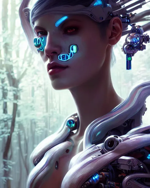 Prompt: beautiful digital painting of a stylish cyborg forest with high detail, real life skin, 8 k, stunning detail, works by artgerm, greg rutkowski and alphonse mucha, unreal engine 5, 4 k uhd