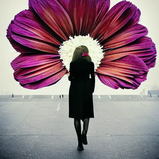 Image similar to giant flower head, woman walking in paris, surreal photography, symmetry, flat space, fanciful, stark colours, detailed, wes anderson