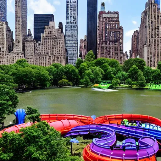 Prompt: photo of a large water park with numerous slides and water rides inside of central park. the new york city skyline is shown in the background.