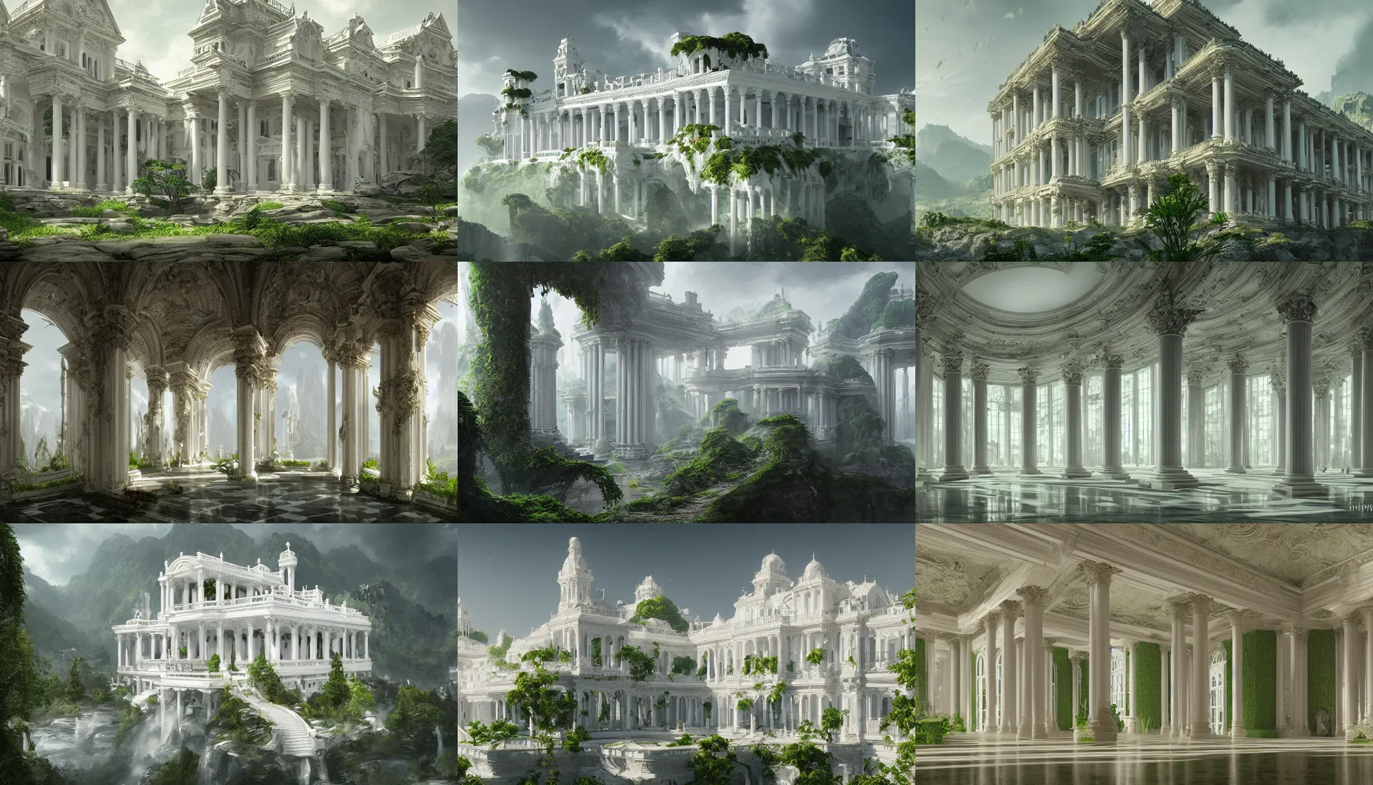 Prompt: Gorgeous white palace with big windows and columns built in the giant green mountains, hyperdetailed, artstation, cgsociety, 8k