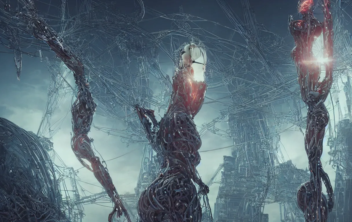 Image similar to award winning portrait of a crucified gargantuan female biomorphic cyborg goddess queen in the style of death stranding, neon genesis evangelion, with intricate energy core connecting to a futuristic downtown city, mightnight by artgerm, jean moebius giraud, yoshitaka amano, beeple, greg rutkowski. octane render.