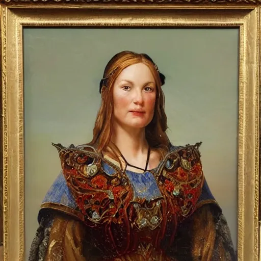 Prompt: portrait of a frisian woman ( 3 5 ) from magna frisia, fryslan, an oil painting by ross tran and thomas kincade