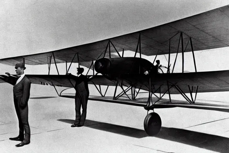 Image similar to still photo of the wright brothers taking off an airplane for the first time, black and white color photograph, highly detailed, photorealistic shot, bright studio setting, studio lighting, crisp quality and light reflections, unreal engine 5 quality render