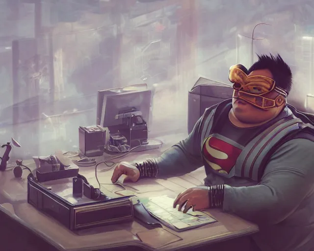 Prompt: an insanely detailed painting of a slightly chubby, nerdy asian man wearing a superhero costume and mask, sitting at a desk, staring at the nervously at the computer and typing, in the style of peter mohrbacher, dramatic lighting and composition, octane render, trending on artstation, concept art, comic book, view from back