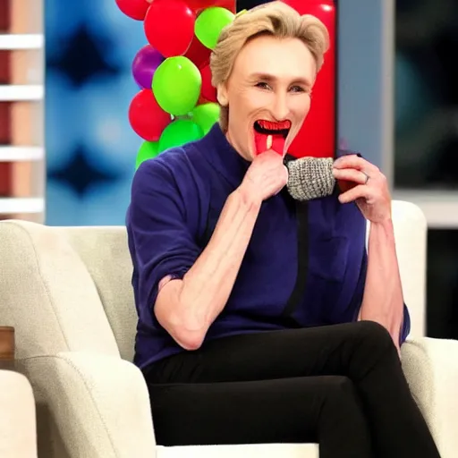 Image similar to jane lynch stubs her toe on a red clown nose, at walmart