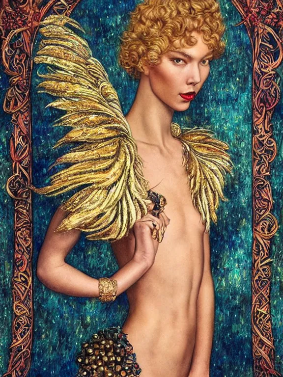 Prompt: an golden age portrait of Karlie Kloss,embellished sequined,feather-adorned,by tom bagshaw,Cedric Peyravernay,Peter Mohrbacher,William Holman Hunt,William Morris,Catherine Nolin,metropolis,Gucci,Dior,trending on pinterest，maximalist,glittering,feminine