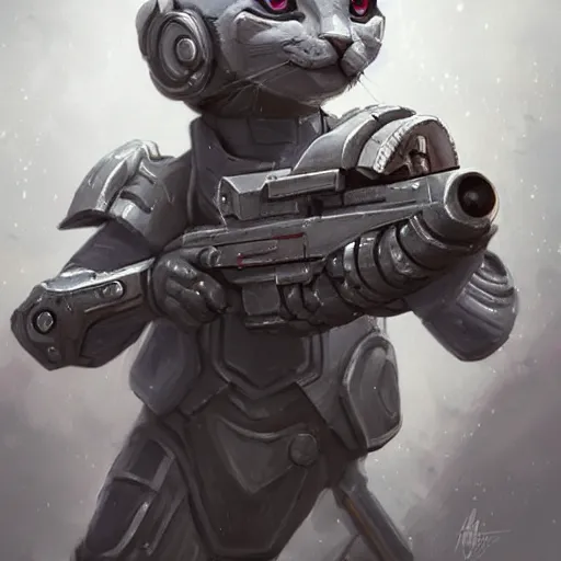 Prompt: cute grey cat wearing armor armed with giant bolter gun shooting down enemies, intricate, elegant, highly detailed, centered, digital painting, artstation, concept art, smooth, sharp focus, illustration, art by artgerm, WLOP