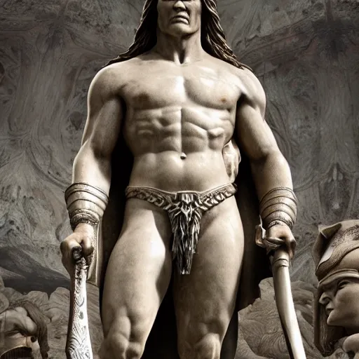 Image similar to Conan the barbarian as gloriously ornate ancient marble statue, realistic, cinematic volumetric, hyper detailed, high octane 3D render