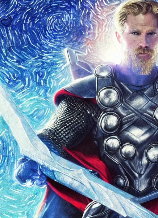 Prompt: 3d render of close-up of Thor conjuring a violent royal blue thunder, a floating iridescent blade sword of chaos from God of War in the center, intricate, wearing a luxurious futuristic airforce suit, elegant, digital painting, concept art, smooth, sharp focus, illustration, by Vincent van Gogh