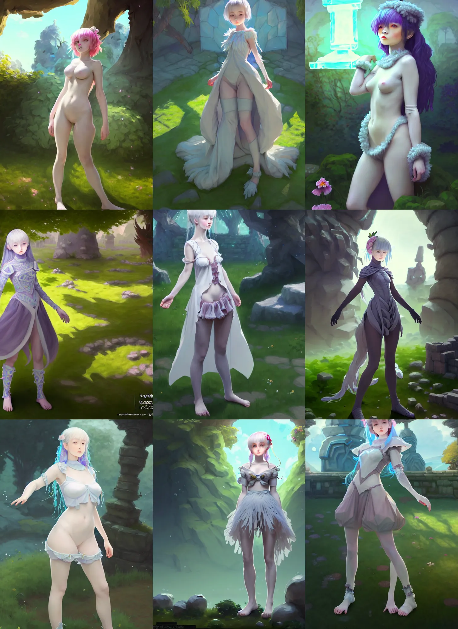 Prompt: costume design from ice golem designers, artist reference pictures pose, sophisticated composition, old masters light composition, procedurally generated, epic kawaii human girl character posing for concept art, ancient garden behind her, substance designer, PBR, HD, Ultra detailed, hyperrealistic, megascans, volumetric light, concept by master artist, made in paint tool SAI2, trending pixiv face