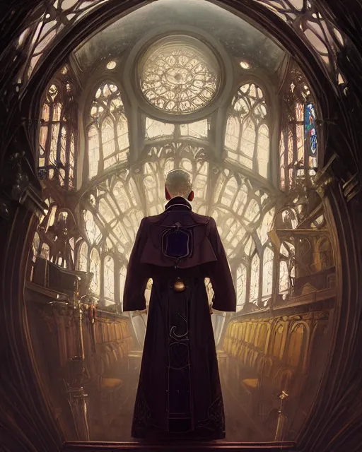 Image similar to highly detailed surreal vfx portrait of a steampunk priest in a steampunk cathedral, stephen bliss, unreal engine, greg rutkowski, loish, rhads, beeple, makoto shinkai and lois van baarle, ilya kuvshinov, rossdraws, tom bagshaw, alphonse mucha, global illumination, detailed and intricate environment