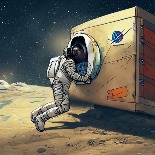 Prompt: astronaut sleeping in a garbage dumpster, digital art, epic composition, highly detailed, cinematic lighting