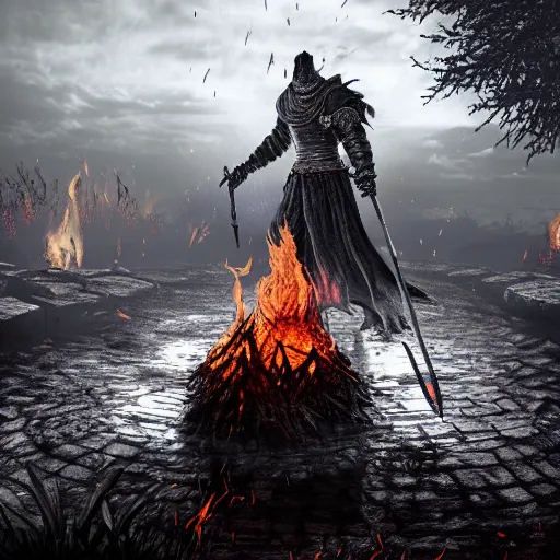 Image similar to soul of cinder boss from dark souls 3 sitting near a camp fire, evening time, heavy rain, rain water reflections in ground, digital illustration, crisp details, highly detailed art, 8k image quality, full body camera shot