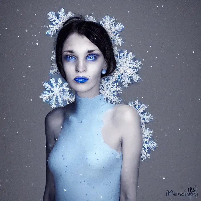 Prompt: a woman wearing a highneck dress made out of snowflakes. she is sickly looking and dying of hypothermia. pale blue lips. full body digital portrait by maromi sagi