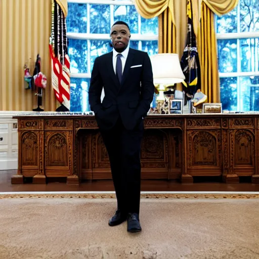 Image similar to professional portrait of dababy in the oval office, wearing a black suit,