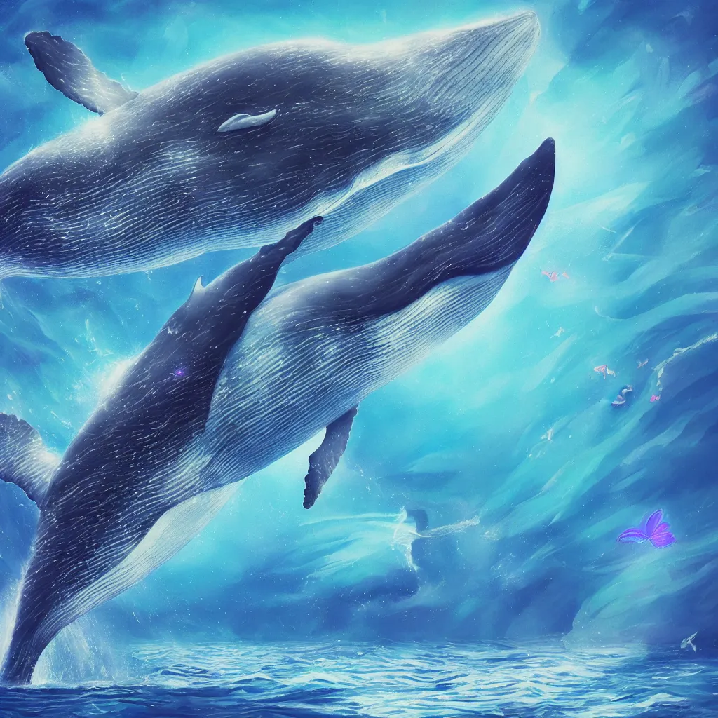 Prompt: digital painting of a singular fictional whale, the whale has tiny multiple holographic butterfly wings on its backside, fully detailed, 4 k, octane render quality, real footage, psychedelics featured on artstation, subreddit / r / whale, by mohamed solah, art limited whale by bahar moumivand