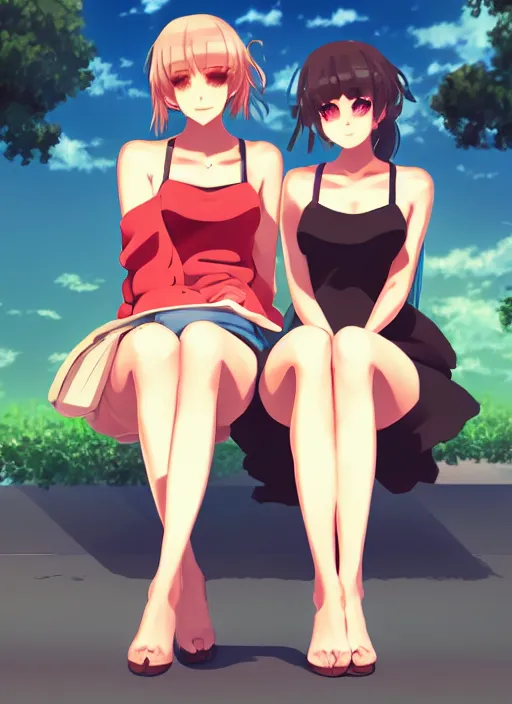 Image similar to two beautiful identical women sitting on a hot summer evening, gorgeous faces, thick lines, cinematic lighting, detailed anime art