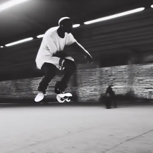 Prompt: Kanye West skating video captured on a iPhone camera, cinematic mode, realistic, hd, iphone 12, camera footage, snapchat, instagram