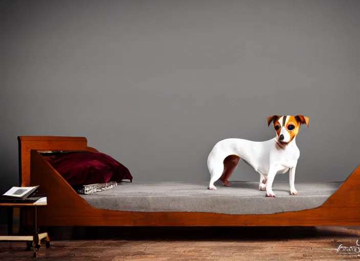 Image similar to photography of a jack russel. watching outside the window. on a bed. in a vintage room full of vinyls and posters., volumetric light, photorealistic,, award winning photo, 1 0 0 mm, sharp, high res