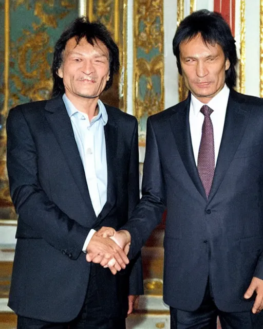 Image similar to sixty years old viktor tsoi with joyful look in a business suit shaking hands with vladimir putin in kremlin, moscow, color photo, mid shot photo, official photo, digital photo, 4 k