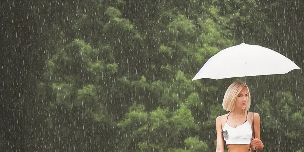 Prompt: a photo of a blonde woman wearing an elegant 2 piece in the rain, shot from far away, with harsh lighting. Photo, instagram, ultra detailed