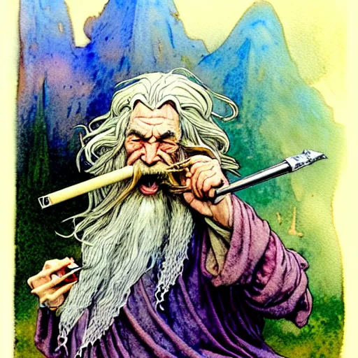 Image similar to a realistic and atmospheric watercolour fantasy character concept art portrait of gandalf with bloodshot eyes laughing and smoking weed out of his pipe by rebecca guay, michael kaluta, charles vess and jean moebius giraud