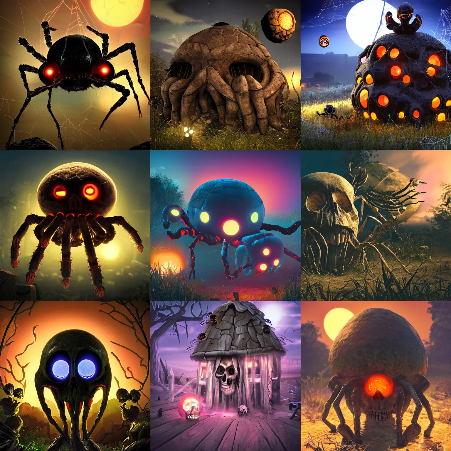 Prompt: giant skull spider house babies with bright glowing eyes at dusk, pc boxart