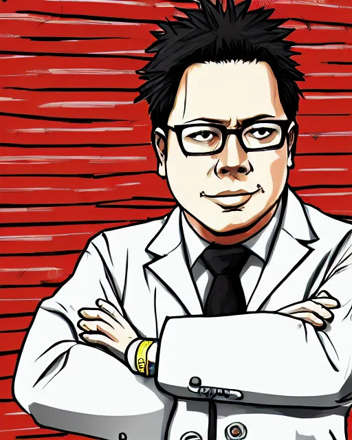 Prompt: Digital presidential anime art of Gustavo Petro by A-1 studios, serious expression, empty warehouse background, highly detailed, spotlight