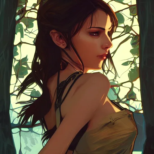 Image similar to Lara Croft, ambient lighting, 4k, alphonse mucha, lois van baarle, ilya kuvshinov, rossdraws, artstation