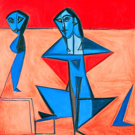 Prompt: A red catwomen sitting in the middle with red squares. in the art style of Picasso blue period. Dramatic lighting, minimal painting, high resolution. Positive vibes