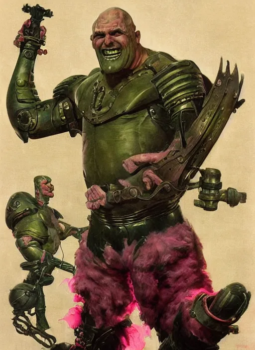 Image similar to 5 0 s pulp scifi fantasy illustration full body portrait martyn ford as huge monstrous armoured giant, pink and green, by norman rockwell, roberto ferri, daniel gerhartz, edd cartier, jack kirby, howard v brown, ruan jia, tom lovell, frank r paul, jacob collins, dean cornwell, astounding stories, amazing, fantasy, other worlds