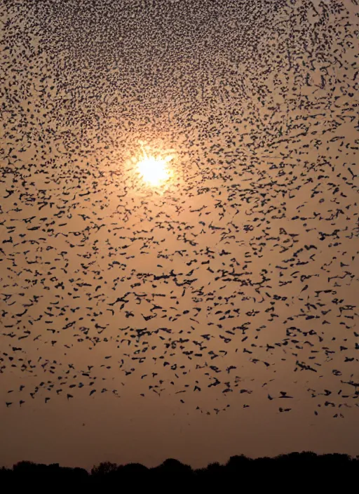 Image similar to a giant in the distance, a murmuration in the sky as a solar eclipse happens