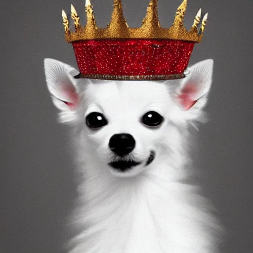 Image similar to fluffy white chihuahua king wearing a red and gold crown cinematic composition, digital art, cute