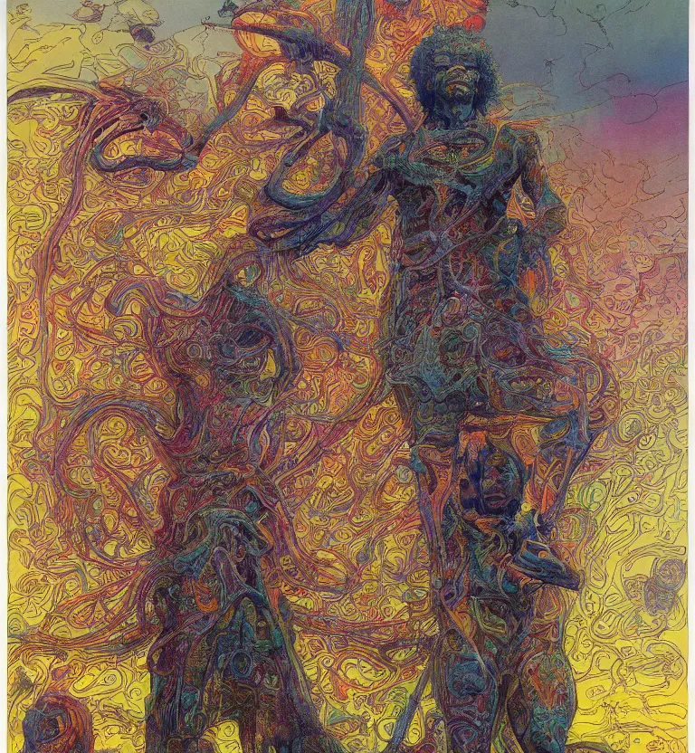 Image similar to colourful biomorphic temple, jimi hendrix full body, by moebius and giger and james jean and beksinski, 8 k