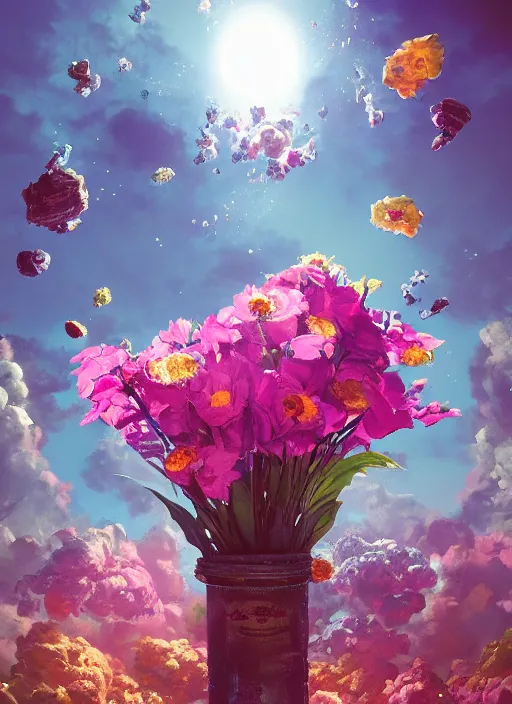 Image similar to An epic fantastic realism comic book style painting of the most beautiful flowers launched into space, bouquets, fisheye lens, unreal 5, DAZ, hyperrealistic, octane render, dynamic lighting