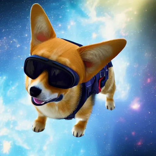 Image similar to a hyperrealistic digital render of a happy cyberpunk corgi in a soviet spacesuit, floating in space, symmetry, sharp focus