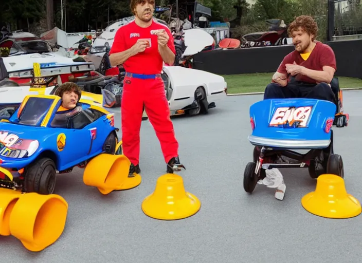 Image similar to peter dinklage racing patrick ewing driving a little tikes cars, movie still, from the new fast and furious movie, 8 k, realistic