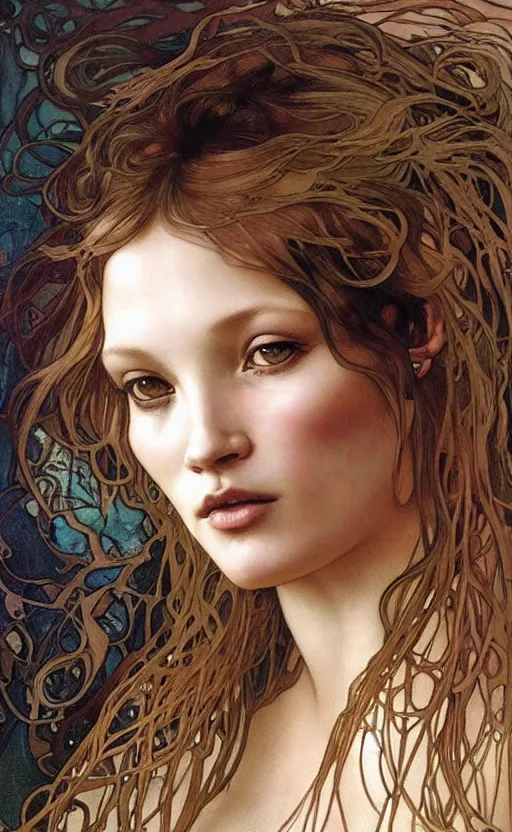 Prompt: “realistic detailed face portrait of young Kate Moss as Salome by Alphonse Mucha, Ayami Kojima, Amano, Charlie Bowater, Karol Bak, Greg Hildebrandt, Jean Delville, and Mark Brooks, Art Nouveau, Neo-Gothic, Surreality, gothic, rich deep moody colours made in unreal engine 4”