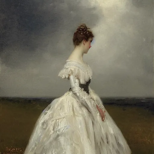 Image similar to young victorian lady in ball gown in a thunderstorm, painted by alfred stevens