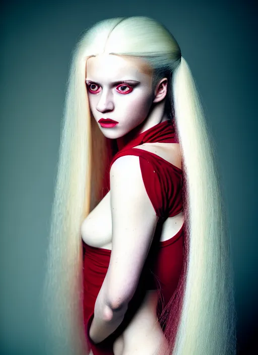 Image similar to kodak color plus 2 0 0 photo portrait of a beautiful woman with long blond hair dressed in long white, fine art photography light painting in style of paolo roversi, professional studio lighting, dark red background, hyper realistic photography, fashion magazine style