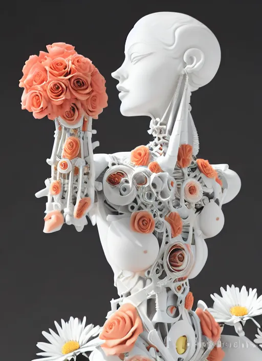 Image similar to slender biomechanical white marble statue holding perfume bottle made of corals, daisies, roses, well contoured smooth fair walls carrying perfume bottle, up close shot, sharp focus, global illumination, radiant light, alexandre ferra white mecha, irakli nadar, octane highly render, 4 k, ultra hd,