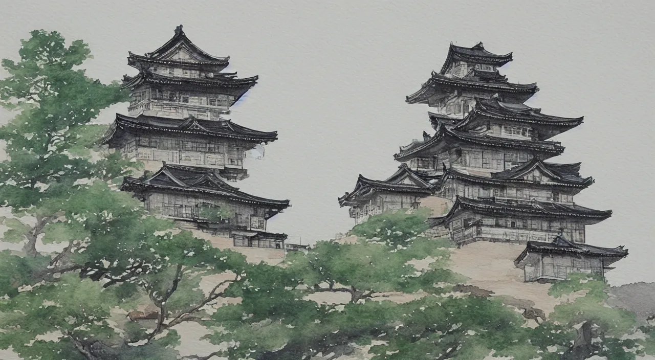 Image similar to a watercolour painting of a Japanese castle