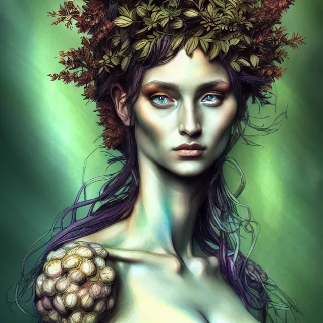 Prompt: portrait, attractive mutant dryad, digital tempera and pastels, dramatic lighting, extremely high detail, pen and ink, intricate illustration, by michelangelo, artstation, wlop, pixiv