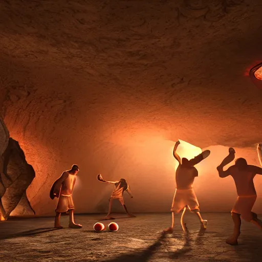 Image similar to high resolution unreal engine render of cavemen playing basketball inside cave at night, cave lit by torch light, stalagmites